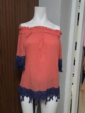 Off-Shoulder Coral Top with Navy Lace Trim P2p 18